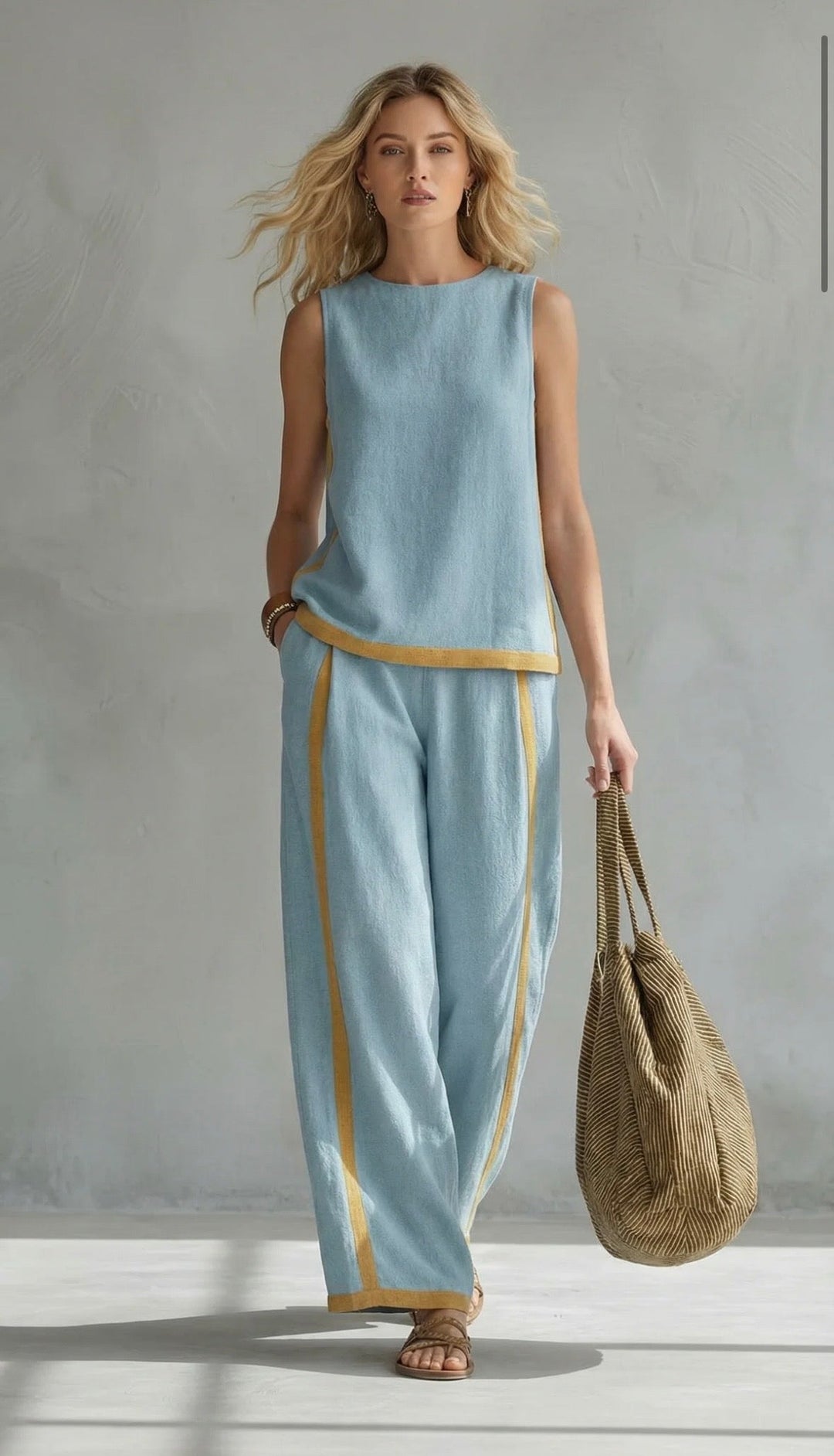 Amber™ | Two-Tone Gray Cotton-Linen Vest & Pants Set