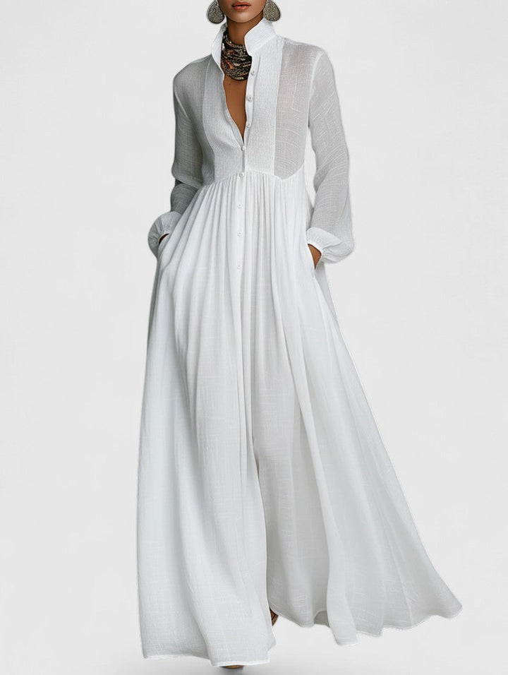 Veronica | Maxi Minimalist in Cotton and Linen with Patchwork, High Collar and Long Sleeves