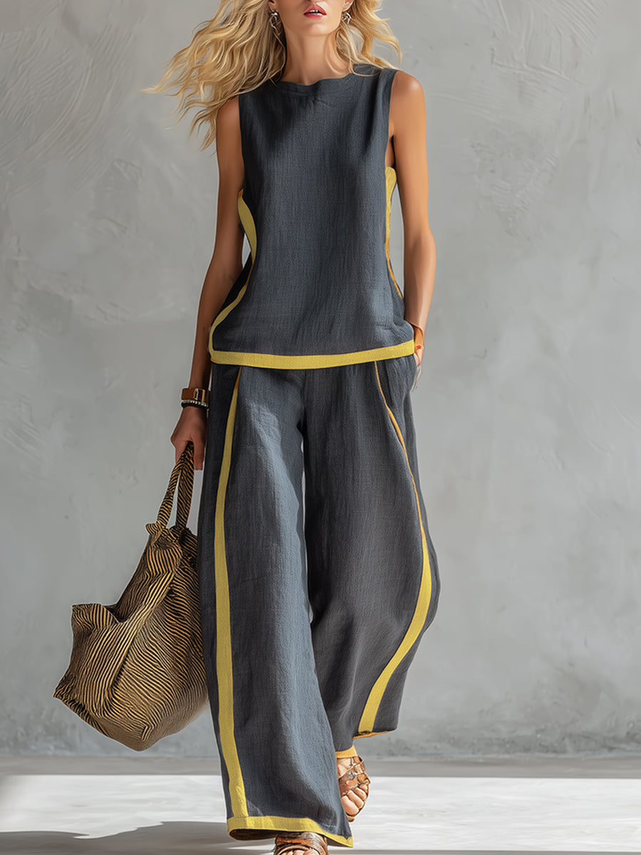 Amber™ | Two-Tone Gray Cotton-Linen Vest & Pants Set