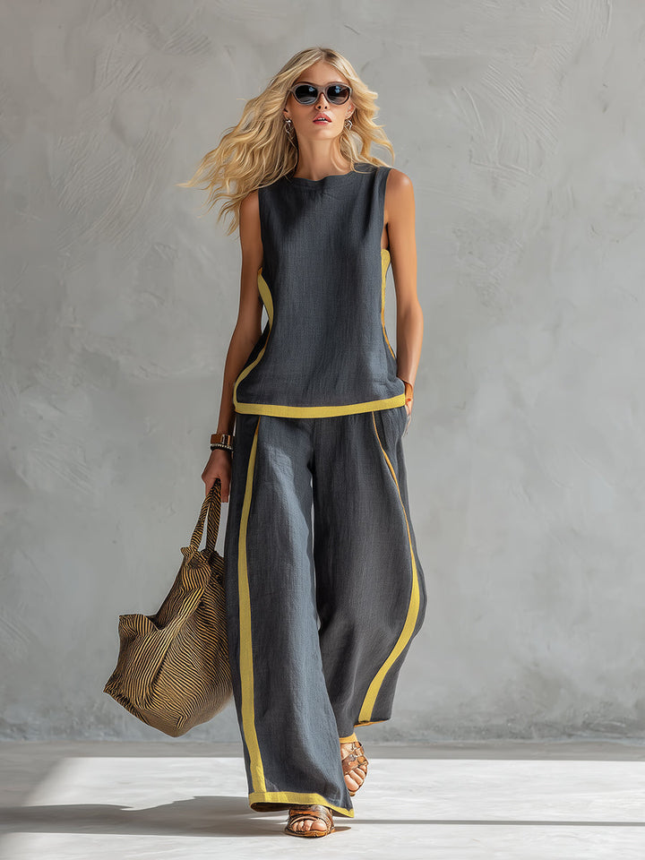 Amber™ | Two-Tone Gray Cotton-Linen Vest & Pants Set