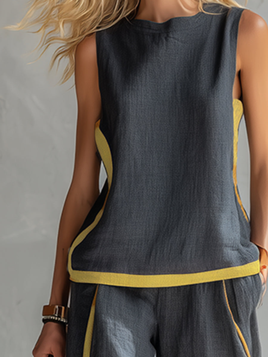 Amber™ | Two-Tone Gray Cotton-Linen Vest & Pants Set