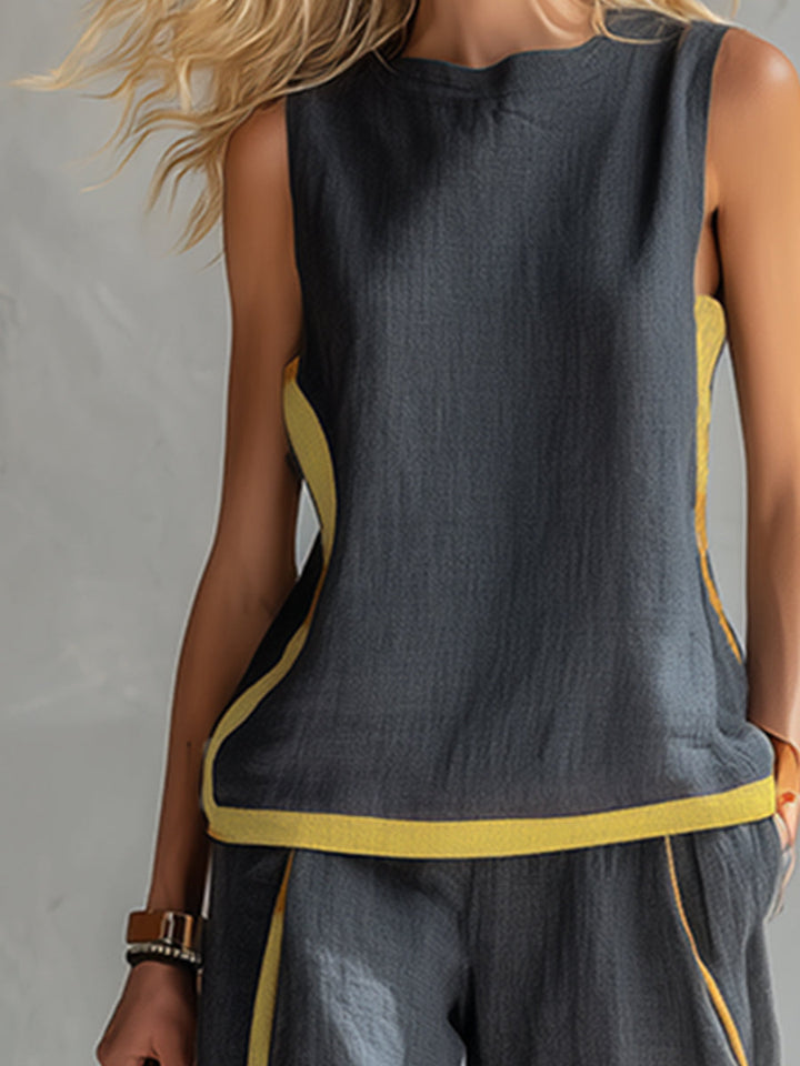 Amber™ | Two-Tone Gray Cotton-Linen Vest & Pants Set