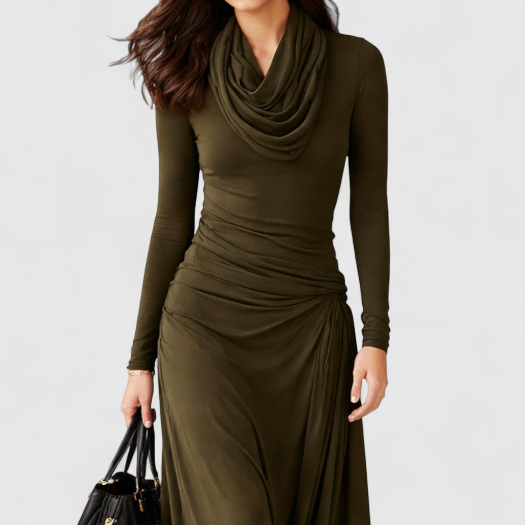 Olive Green | Turtleneck Pleated Maxi Dress