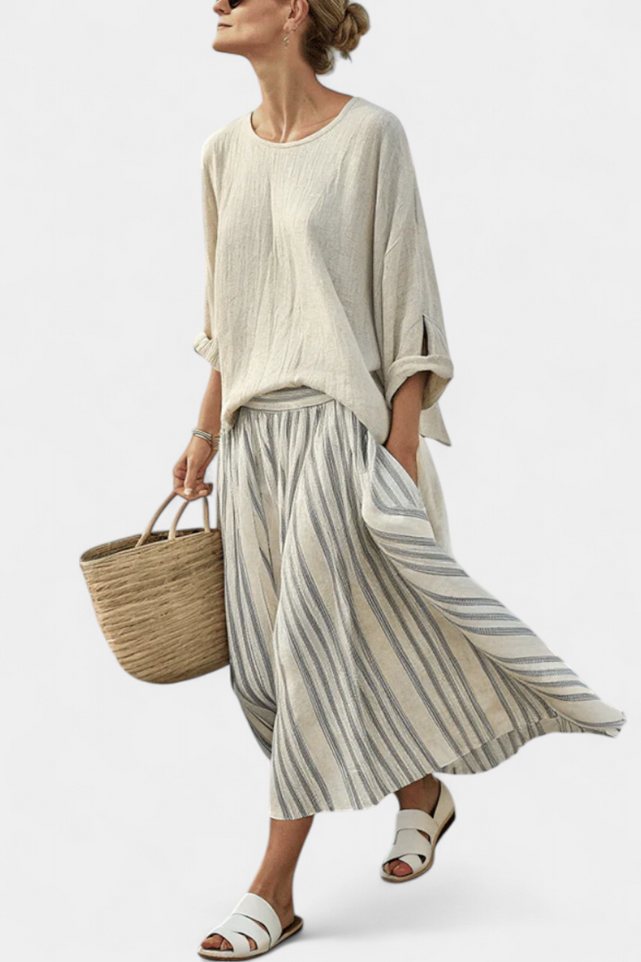 Skylar | Comfortable Loose Blouse & Striped Midi Skirt