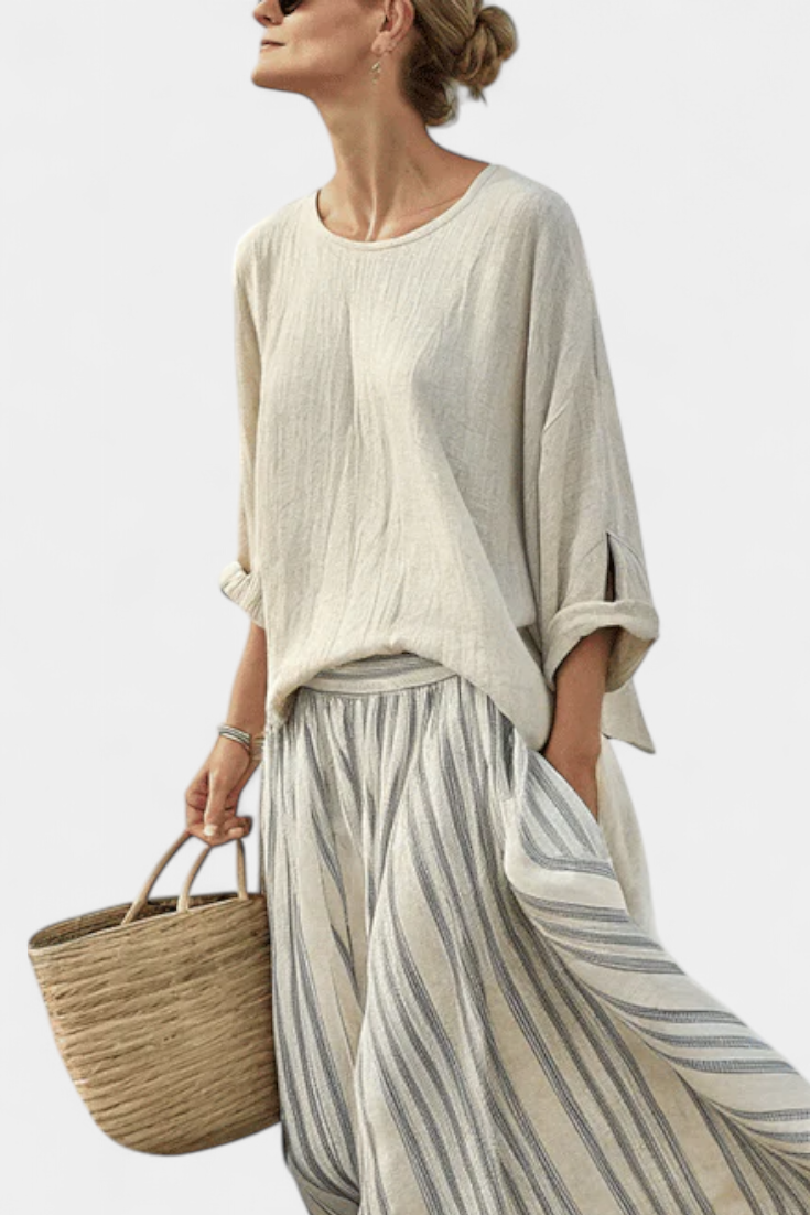 Skylar | Comfortable Loose Blouse & Striped Midi Skirt
