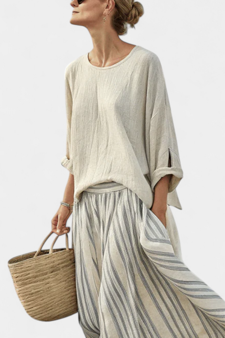 Skylar | Comfortable Loose Blouse & Striped Midi Skirt
