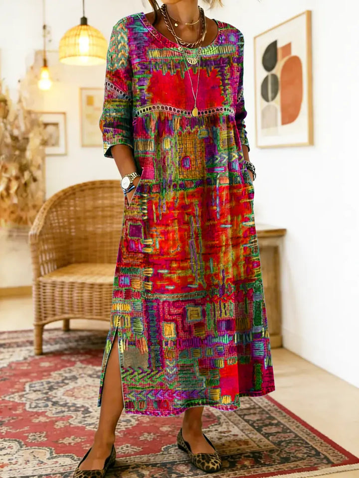 Manuela flowy patchwork denim dress close up