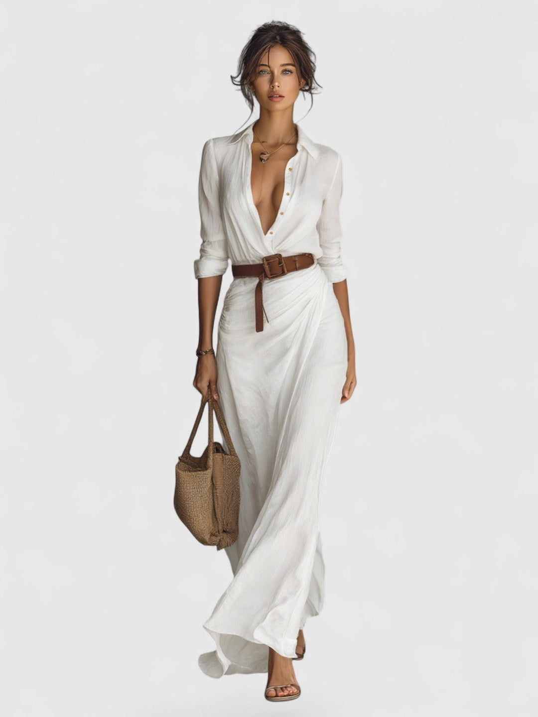 Lapel Single Breasted Long Sleeve Belted Maxi Dress