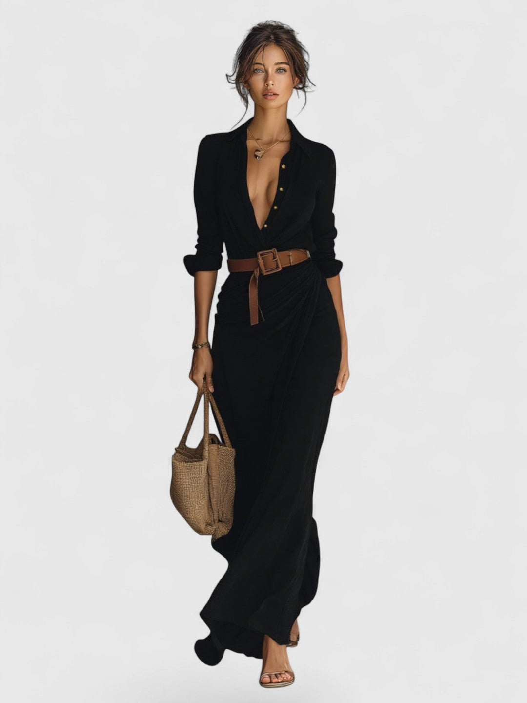Lapel Single Breasted Long Sleeve Belted Maxi Dress