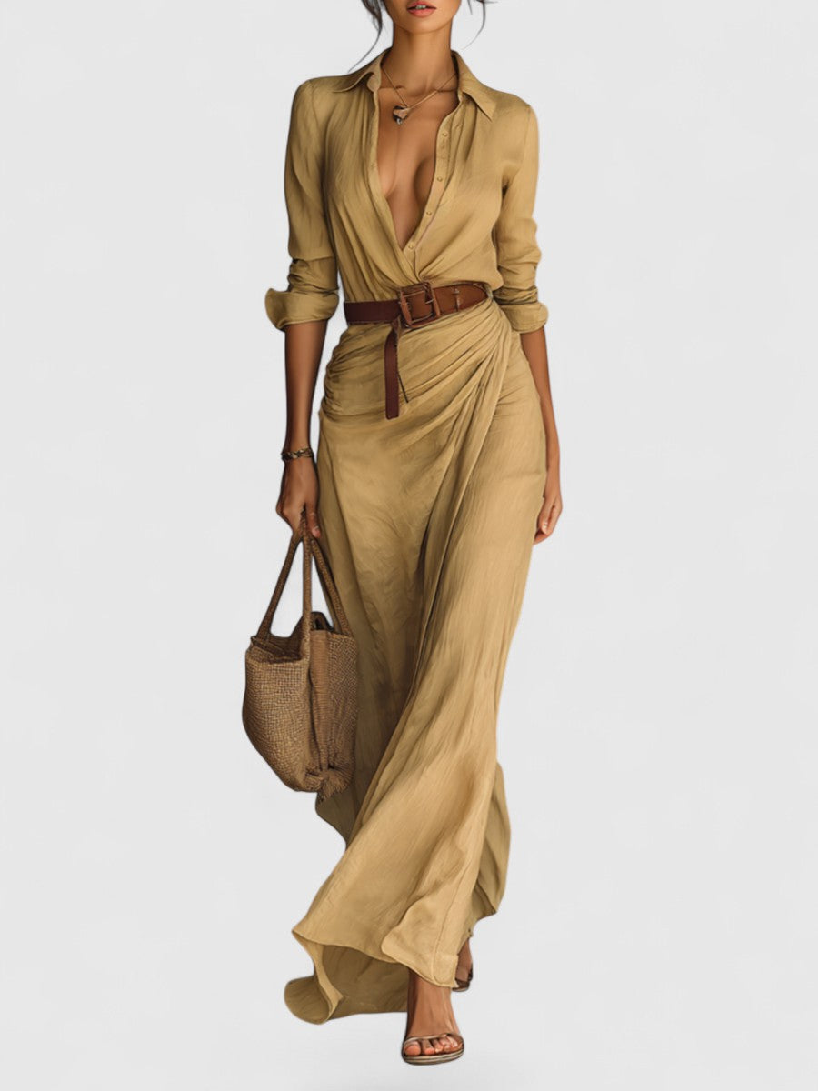 Lapel Single Breasted Long Sleeve Belted Maxi Dress