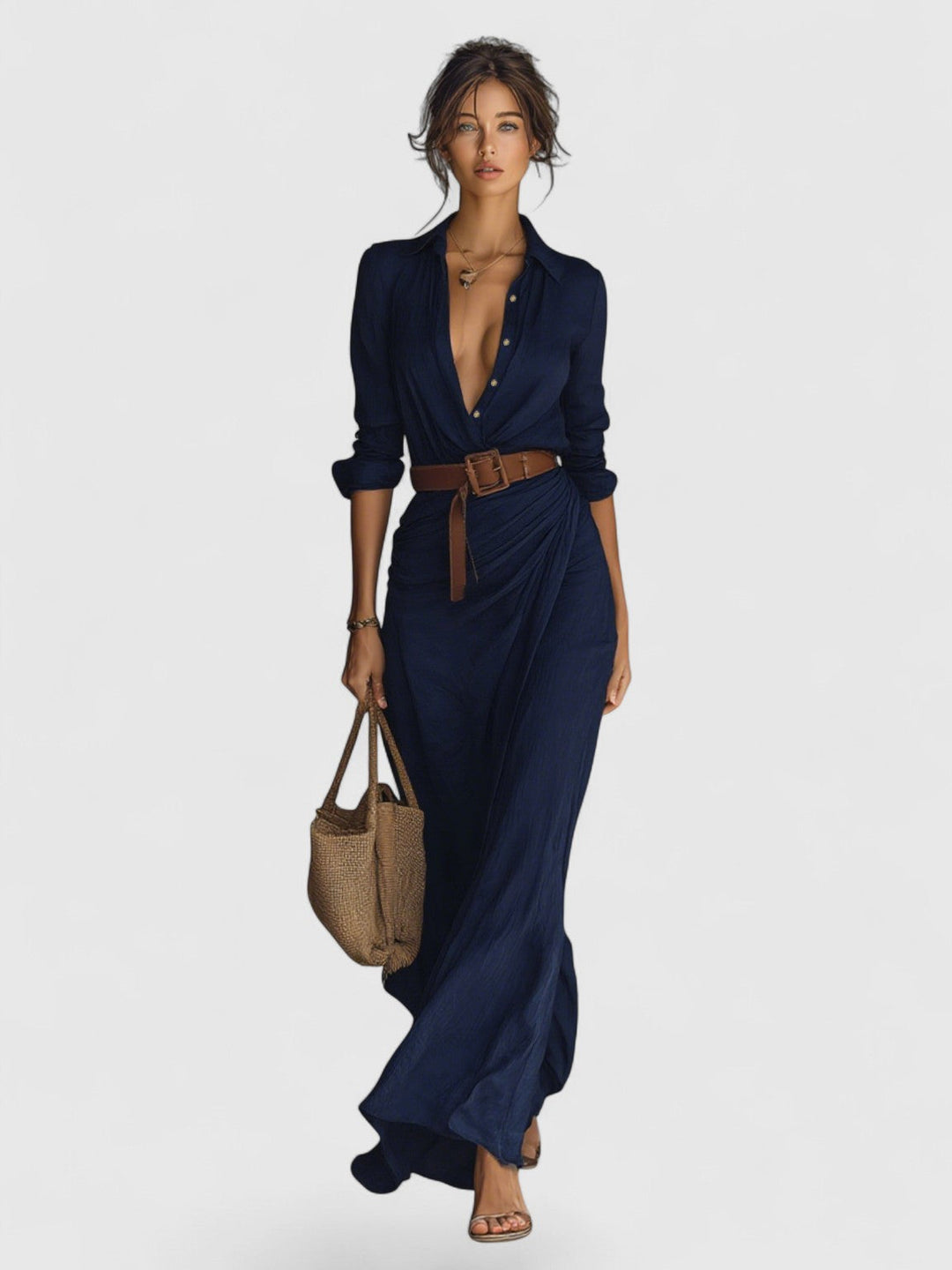 Lapel Single Breasted Long Sleeve Belted Maxi Dress