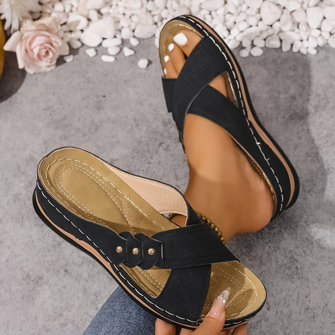 Daniela Orthopedic Comfort Sandal navy worn on foot outdoor