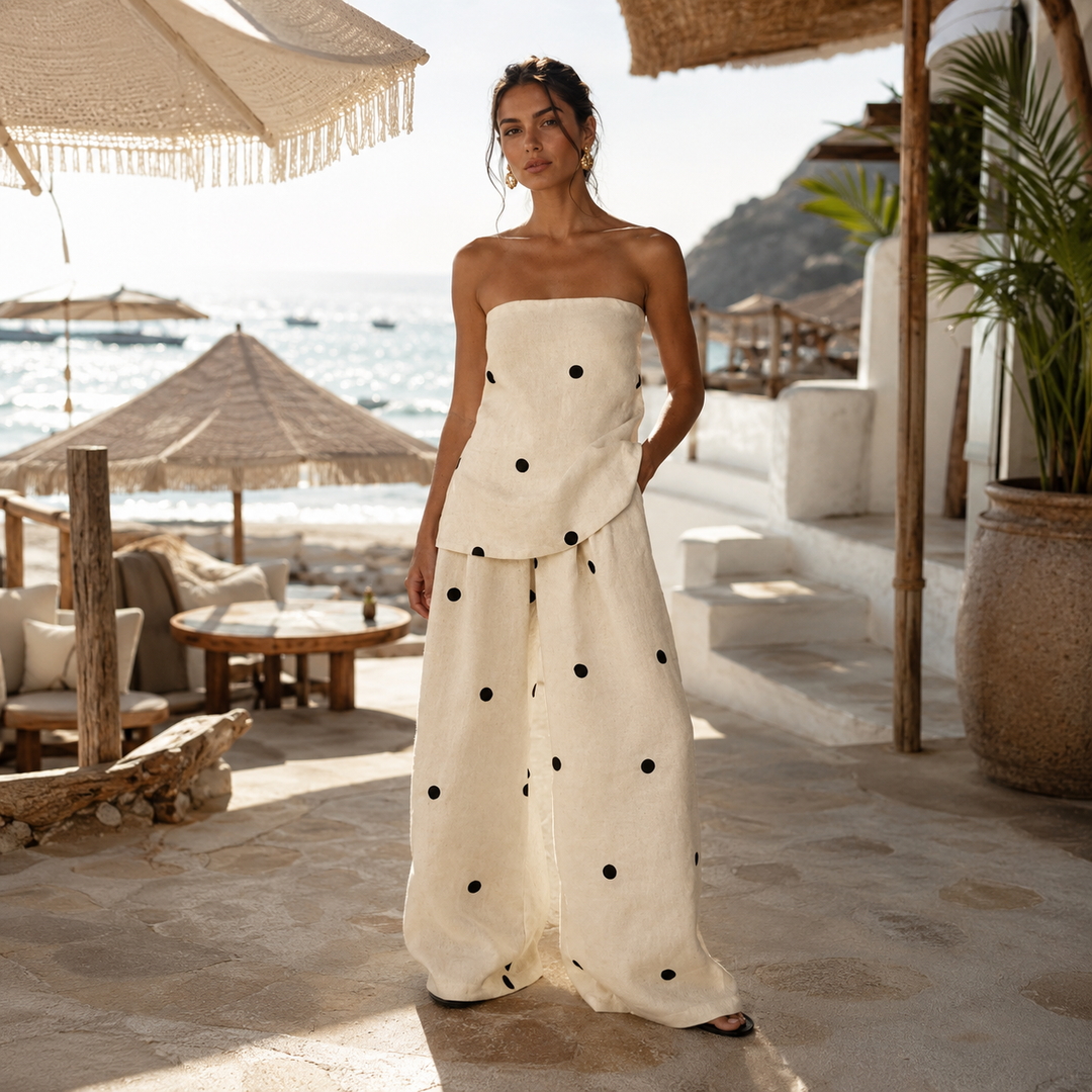 Alma Mediterranean Polka Dot Two-Piece Set cream color front view