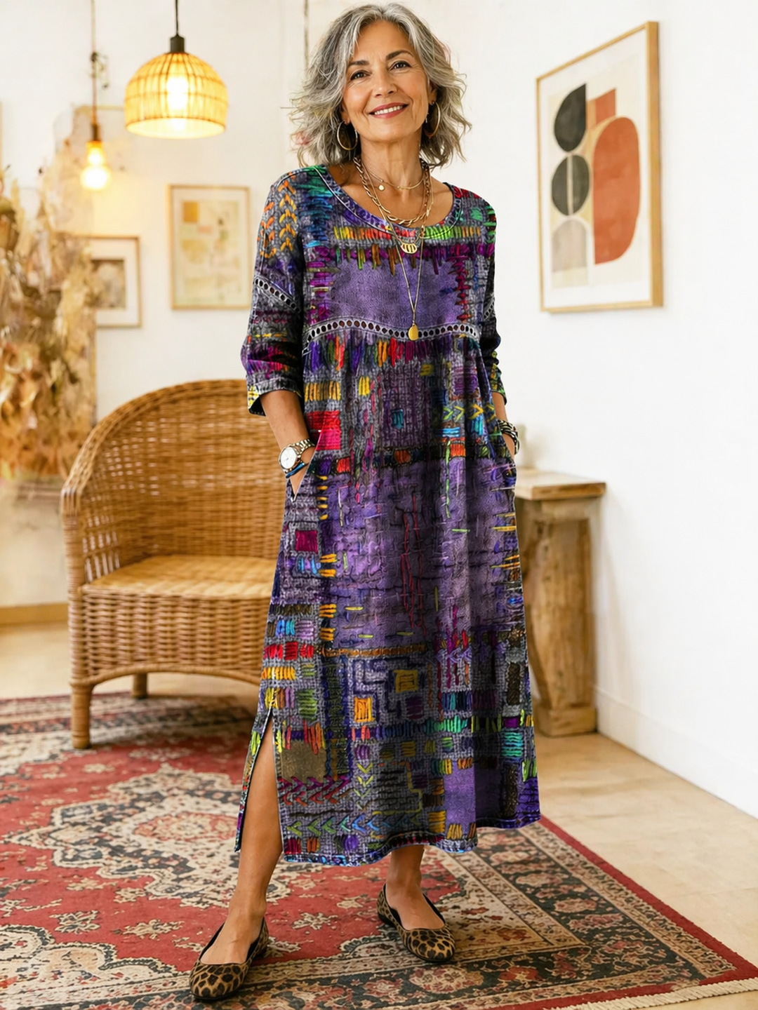 Manuela Ethnic Patchwork Denim Dress detail view