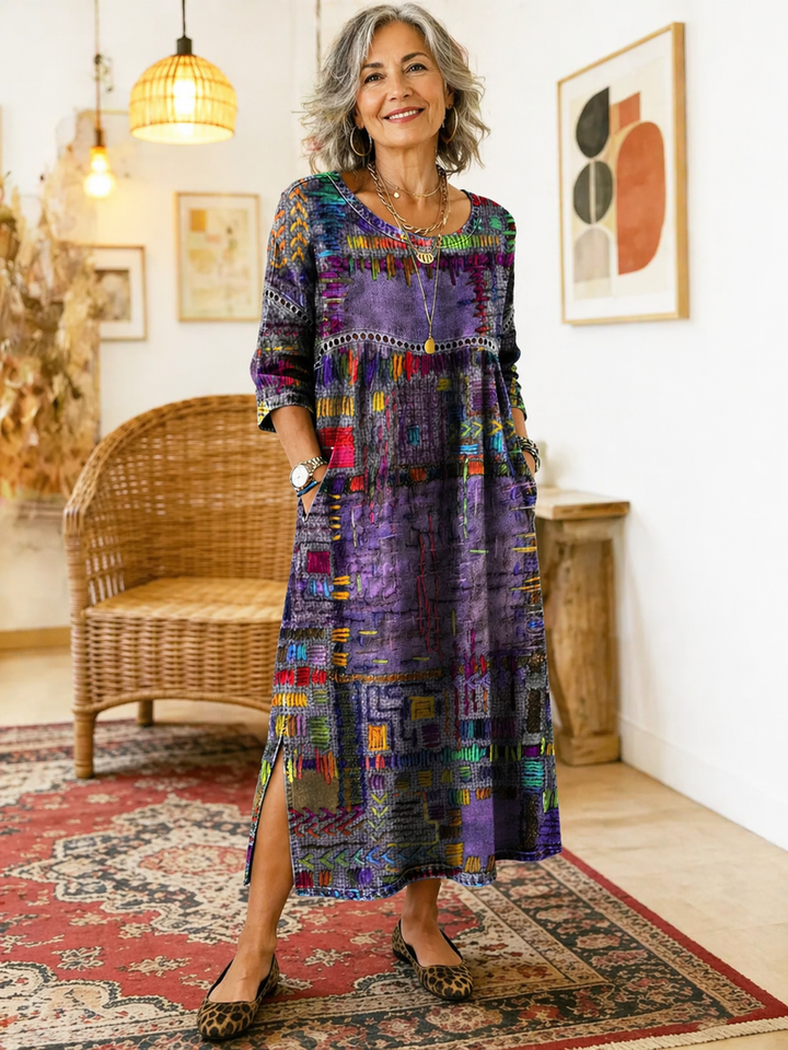 Manuela Ethnic Patchwork Denim Dress detail view