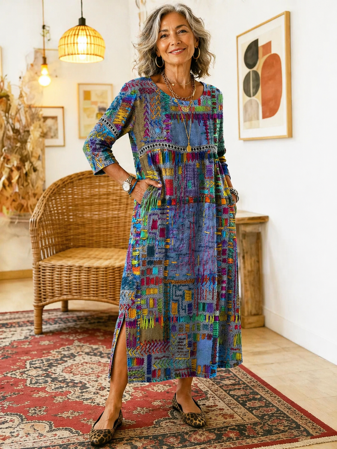 Manuela Boho Ethnic Patchwork Denim Dress front view