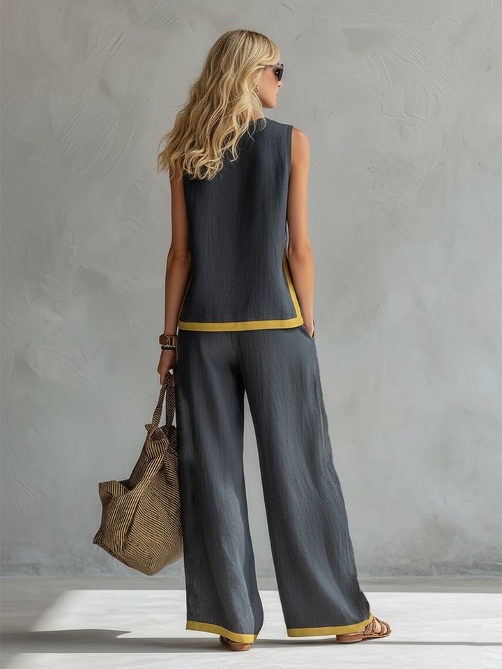 Amber™ | Two-Tone Gray Cotton-Linen Vest & Pants Set