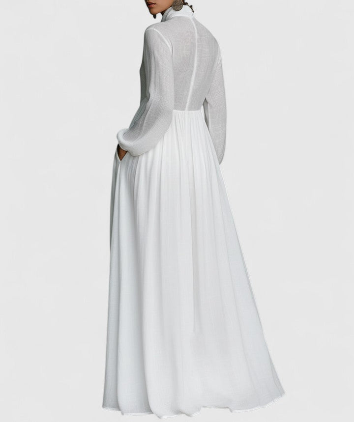 Veronica | Maxi Minimalist in Cotton and Linen with Patchwork, High Collar and Long Sleeves