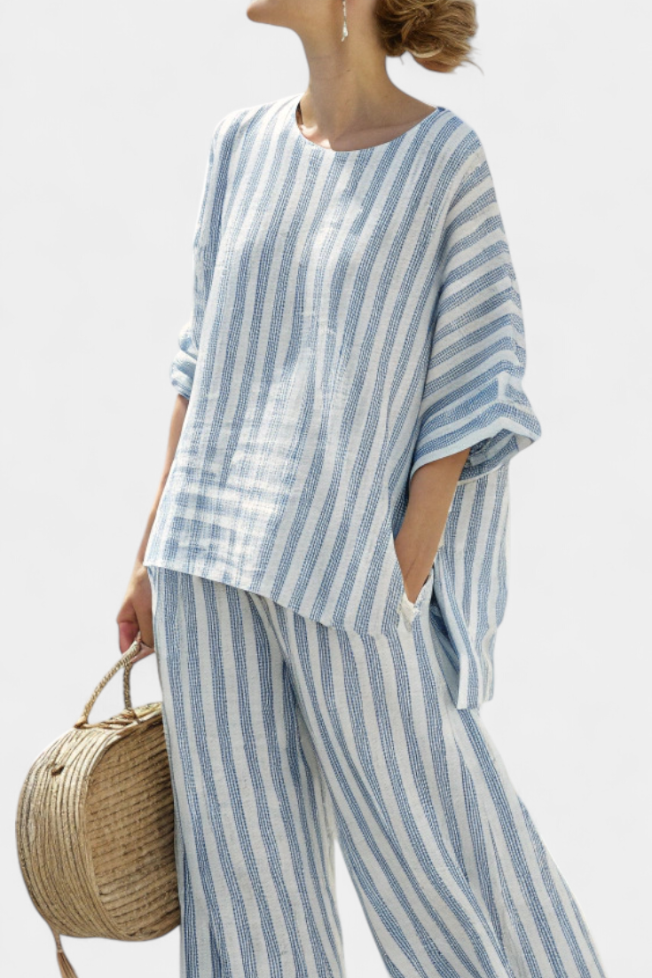 Madeline – Sophisticated Blue Striped Linen Top & Relaxed Pants Set