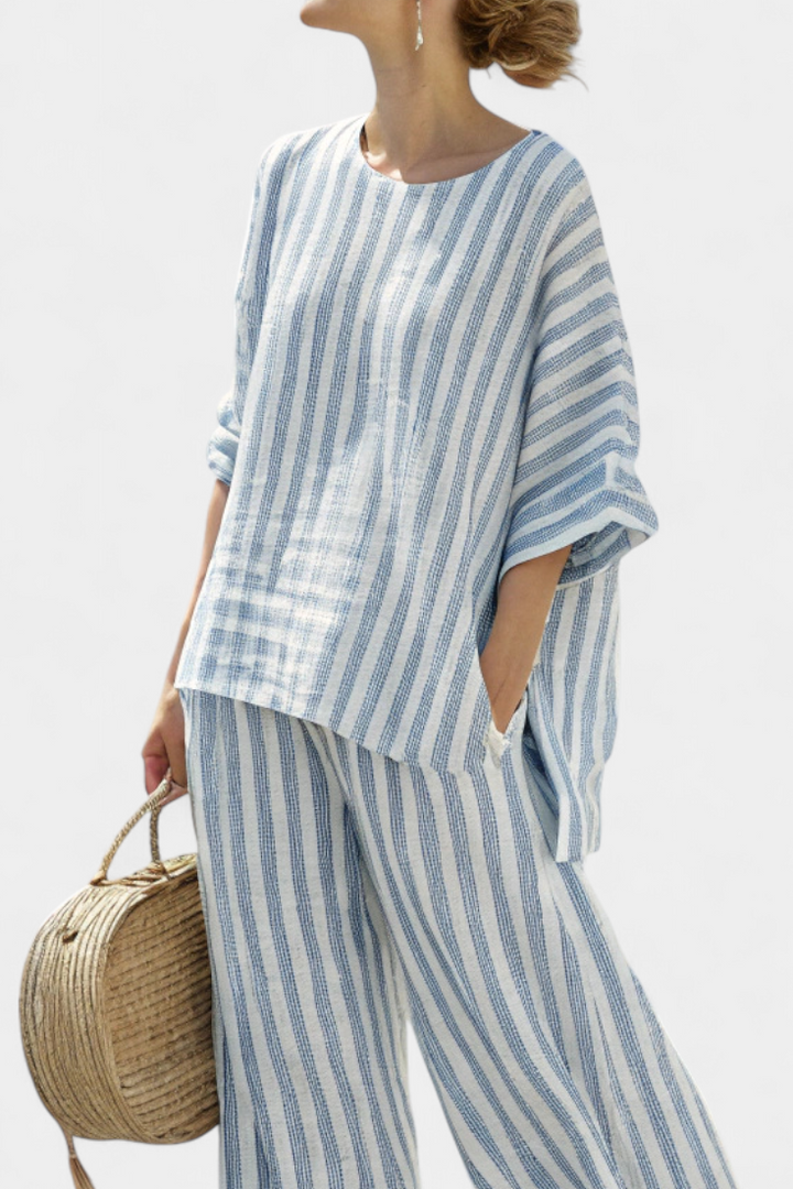 Madeline – Sophisticated Blue Striped Linen Top & Relaxed Pants Set