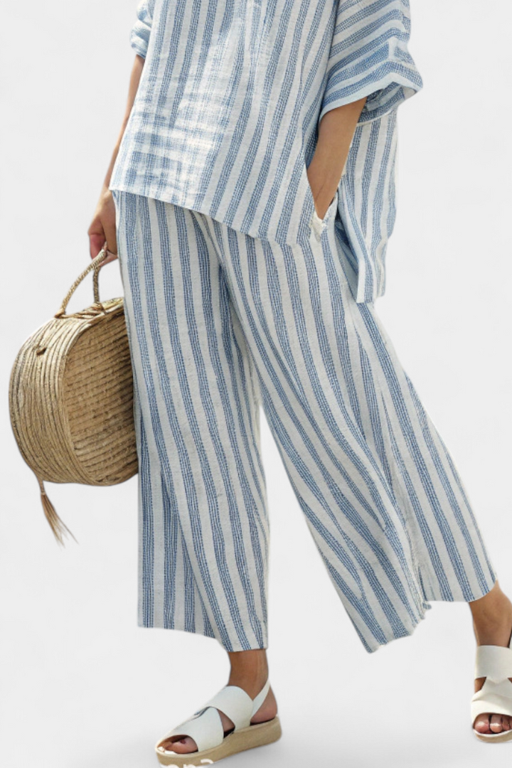Madeline – Sophisticated Blue Striped Linen Top & Relaxed Pants Set