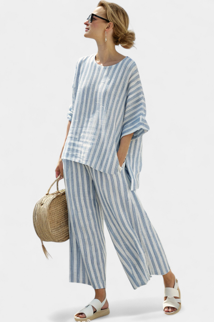 Madeline – Sophisticated Blue Striped Linen Top & Relaxed Pants Set