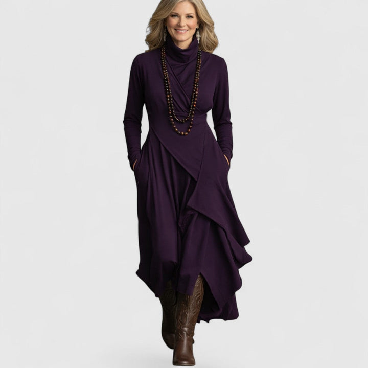 Purple High neck Asymmetrical Pleated Maxi Dress