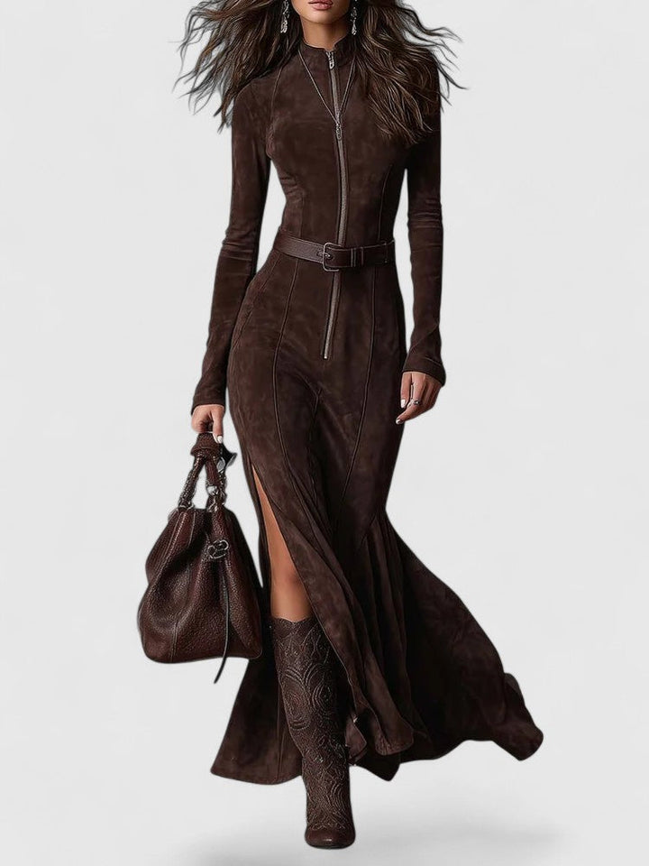 Vintage Brown Zipper Belted Maxi Dress（Includes belt）