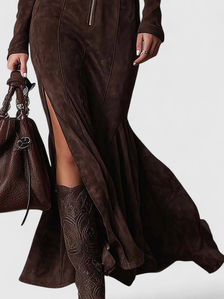 Vintage Brown Zipper Belted Maxi Dress（Includes belt）