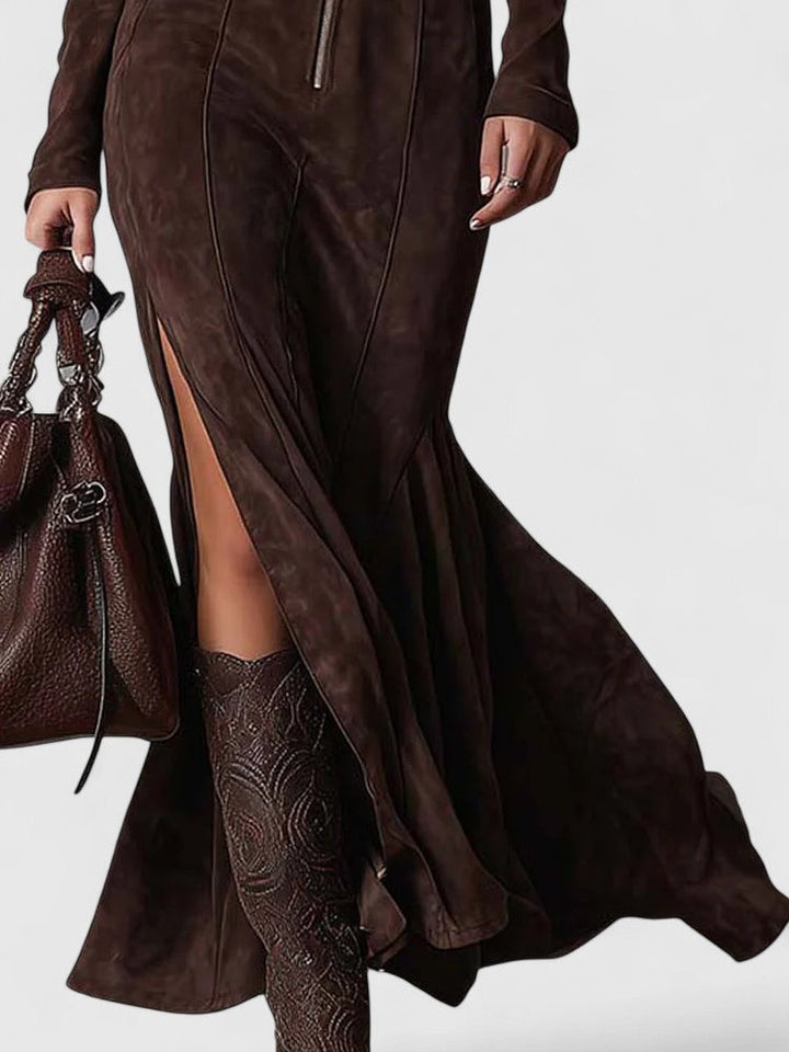 Vintage Brown Zipper Belted Maxi Dress（Includes belt）