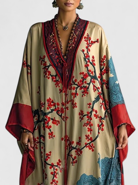 Japanese Red Plum Blossom Print Batwing Sleeve Maxi Dress