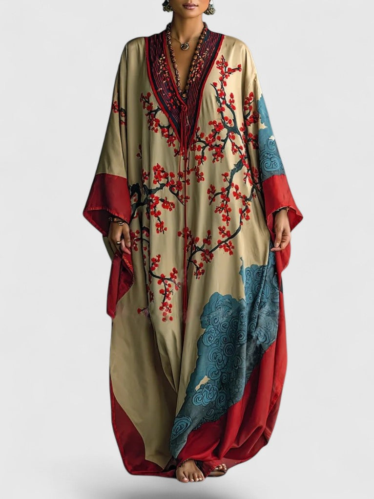 Japanese Red Plum Blossom Print Batwing Sleeve Maxi Dress