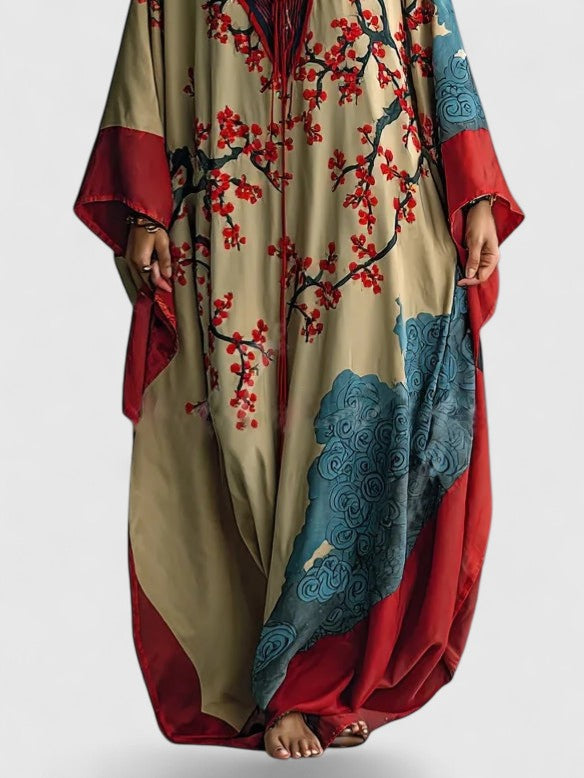 Japanese Red Plum Blossom Print Batwing Sleeve Maxi Dress