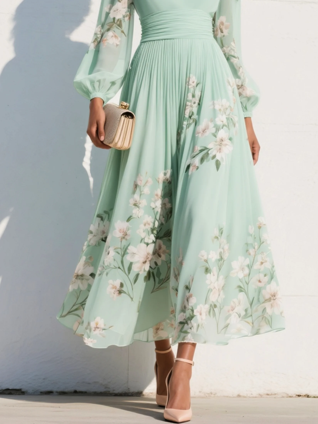 Diana | Light Green V-Neck Chiffon Pleated Floral Midi Dress