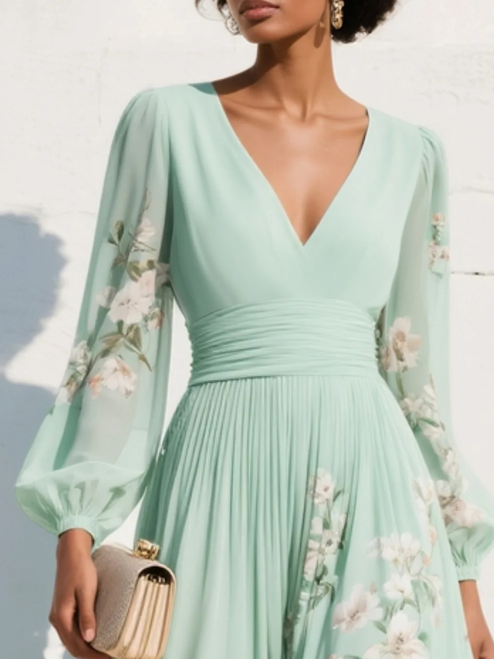 Diana | Light Green V-Neck Chiffon Pleated Floral Midi Dress