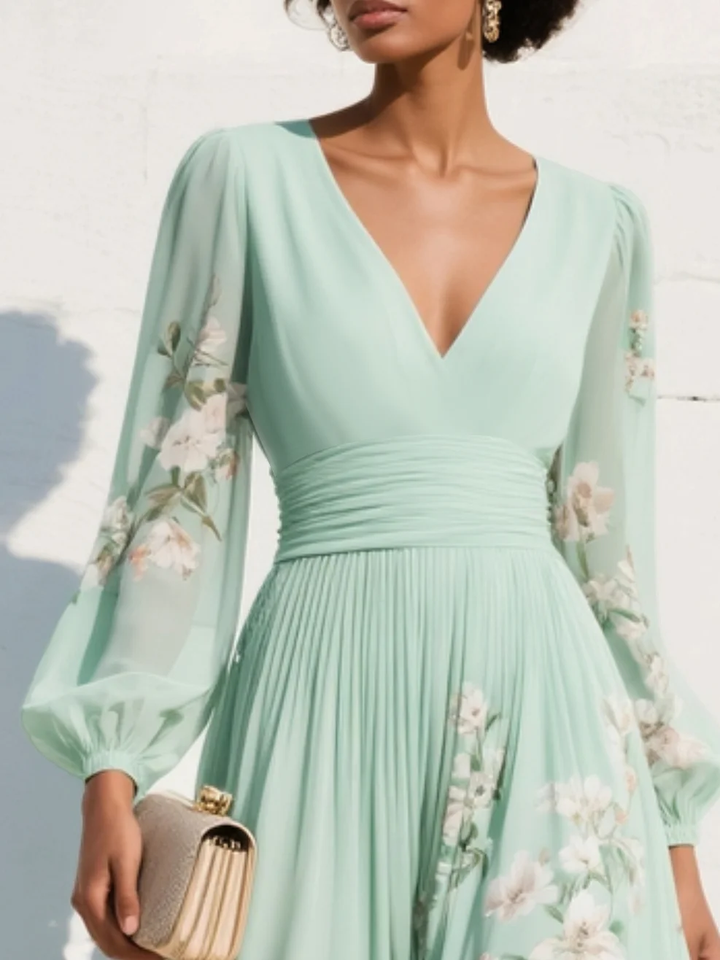 Diana | Light Green V-Neck Chiffon Pleated Floral Midi Dress