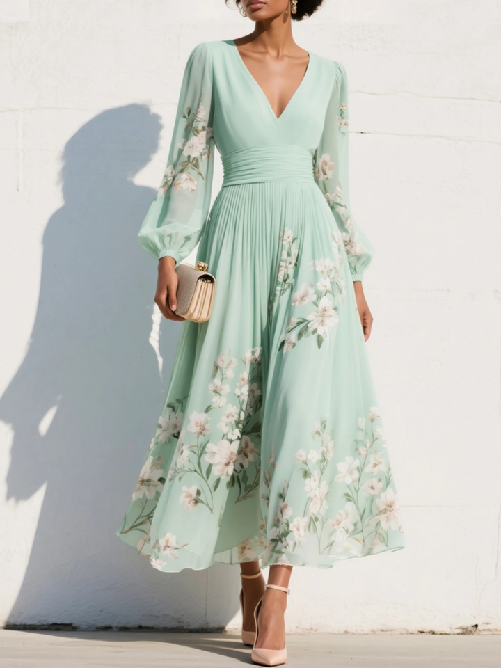 Diana | Light Green V-Neck Chiffon Pleated Floral Midi Dress