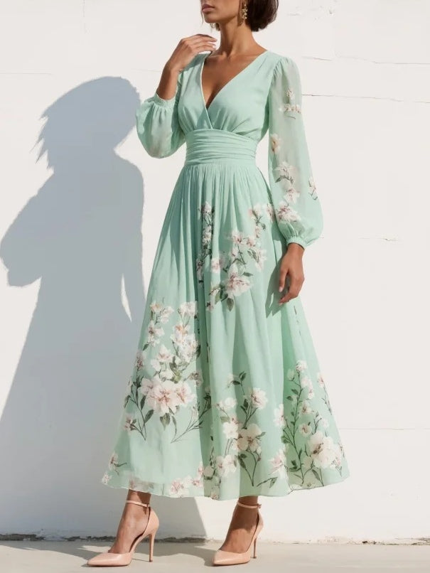Diana | Light Green V-Neck Chiffon Pleated Floral Midi Dress