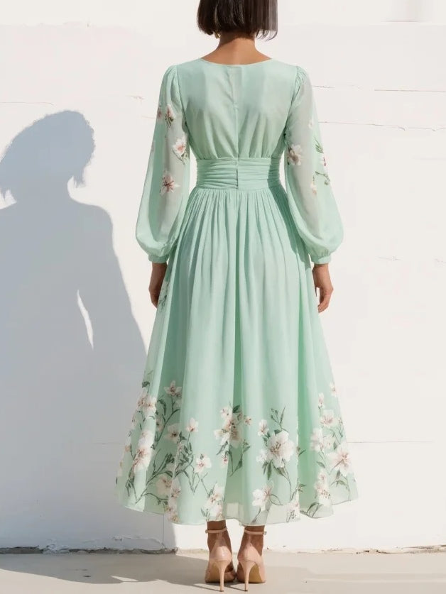 Diana | Light Green V-Neck Chiffon Pleated Floral Midi Dress