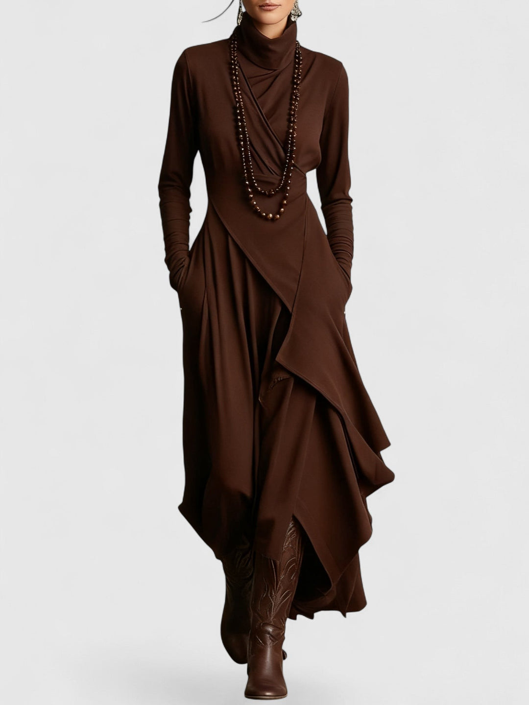 Purple High neck Asymmetrical Pleated Maxi Dress