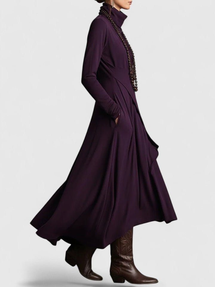 Purple High neck Asymmetrical Pleated Maxi Dress
