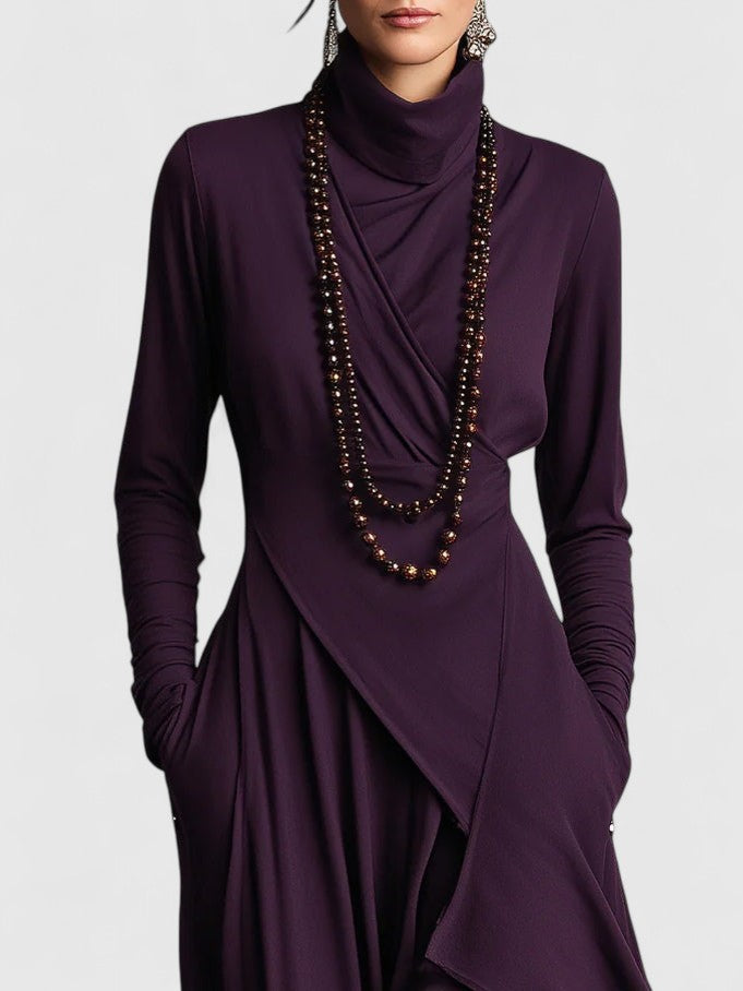 Purple High neck Asymmetrical Pleated Maxi Dress