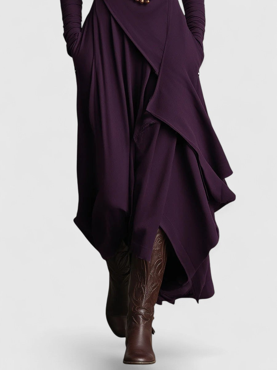 Purple High neck Asymmetrical Pleated Maxi Dress