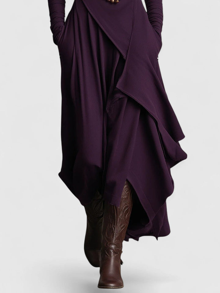 Purple High neck Asymmetrical Pleated Maxi Dress