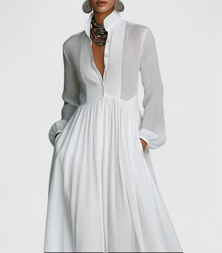 Veronica | Maxi Minimalist in Cotton and Linen with Patchwork, High Collar and Long Sleeves