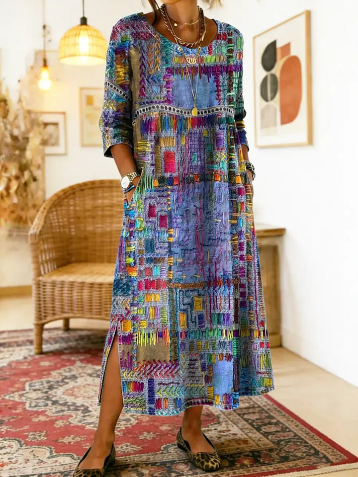 Manuela Boho Patchwork Denim Dress lifestyle photo