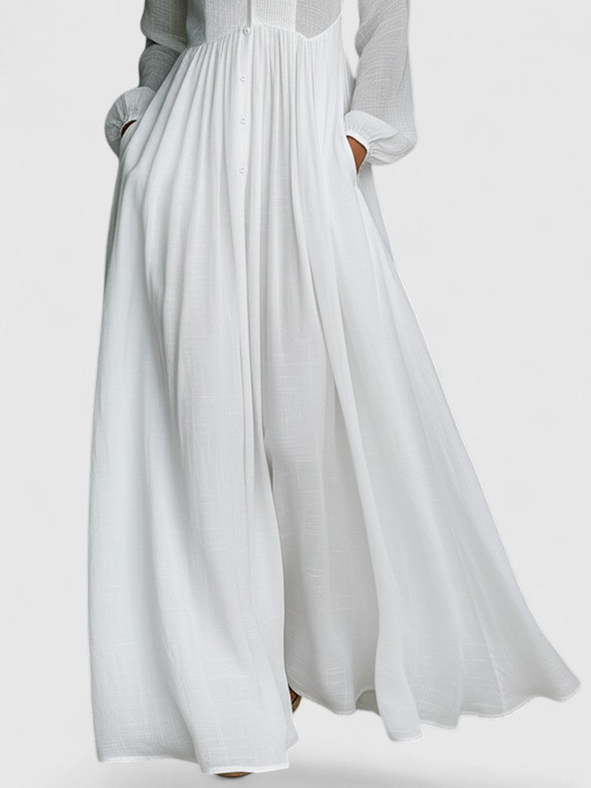 Veronica | Maxi Minimalist in Cotton and Linen with Patchwork, High Collar and Long Sleeves