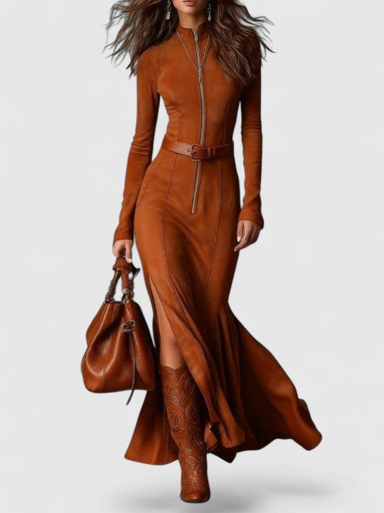 Vintage Brown Zipper Belted Maxi Dress（Includes belt）
