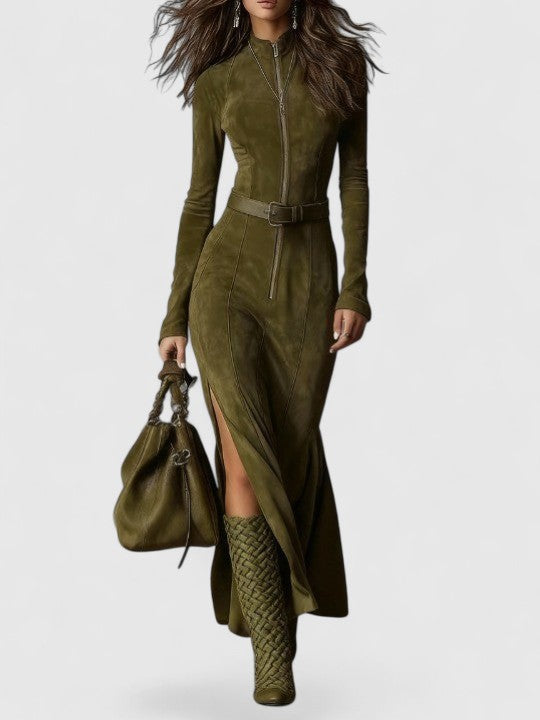 Vintage Brown Zipper Belted Maxi Dress（Includes belt）