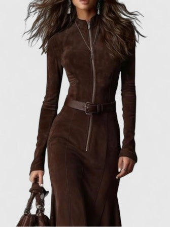 Brown Vintage Zipper Belted Midi Dress
